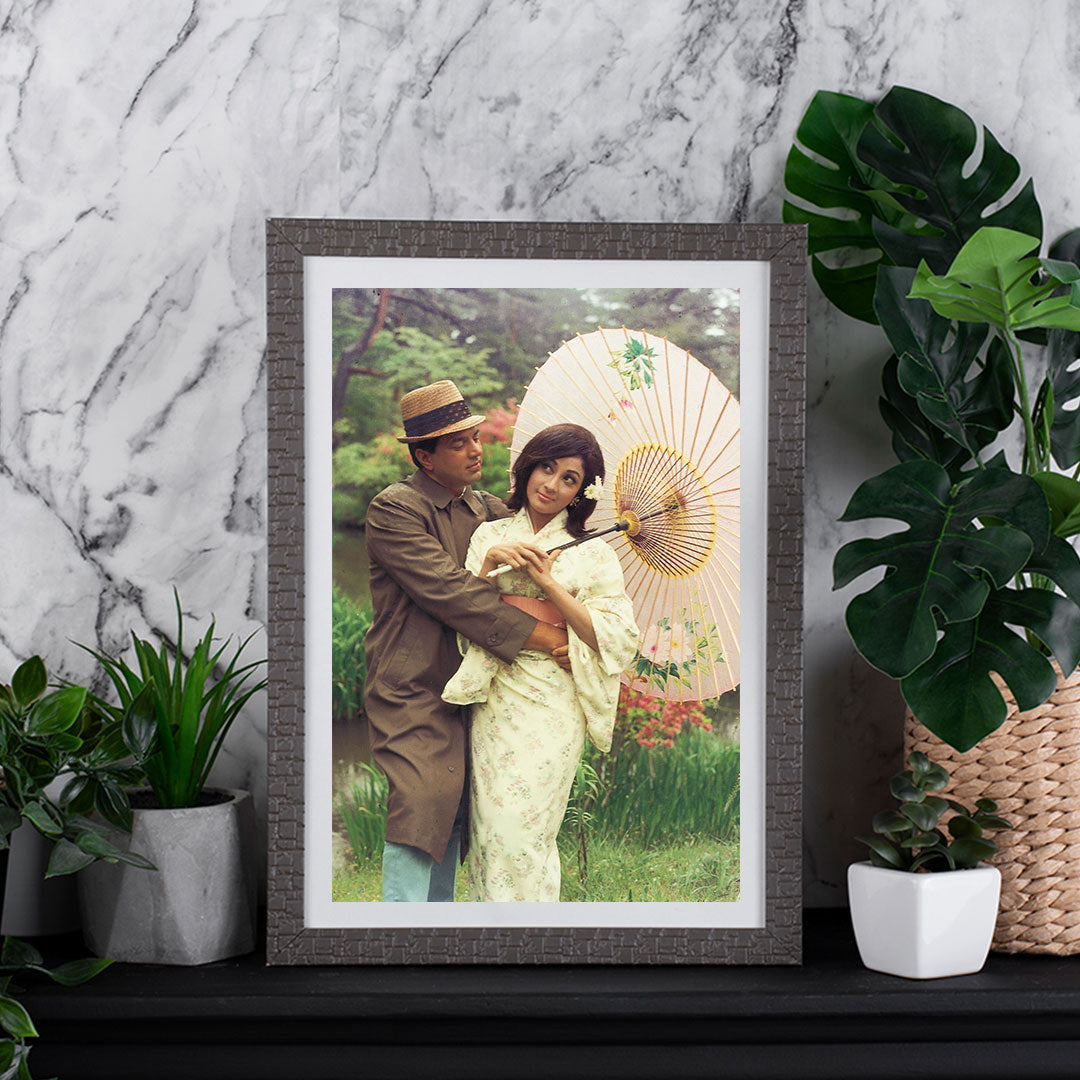 Dharmendra and Mala Sinha in a Japanese Dress Portrait - still from the movie “ANKHEN” Personal Bollywood Photography of renowned cinematographer, Shri Prem Sagar.