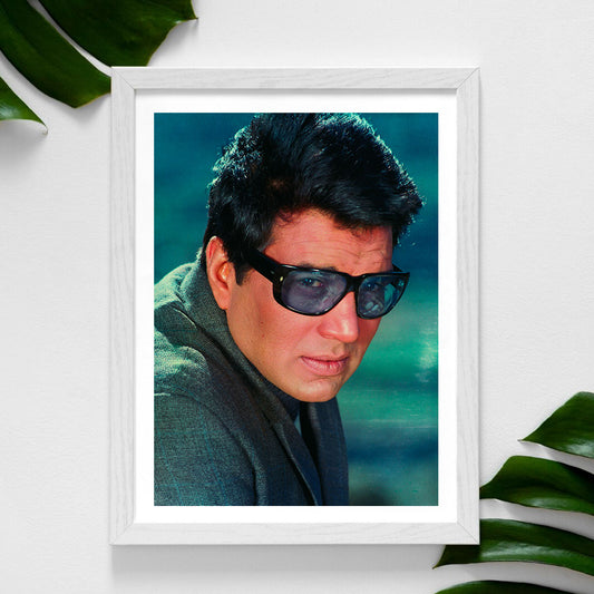 Dharmendra Portrait in a Green Coat with Gogles- still from the movie “LALKAR” Personal Bollywood Photography of  renowned cinematographer, Shri Prem Sagar.