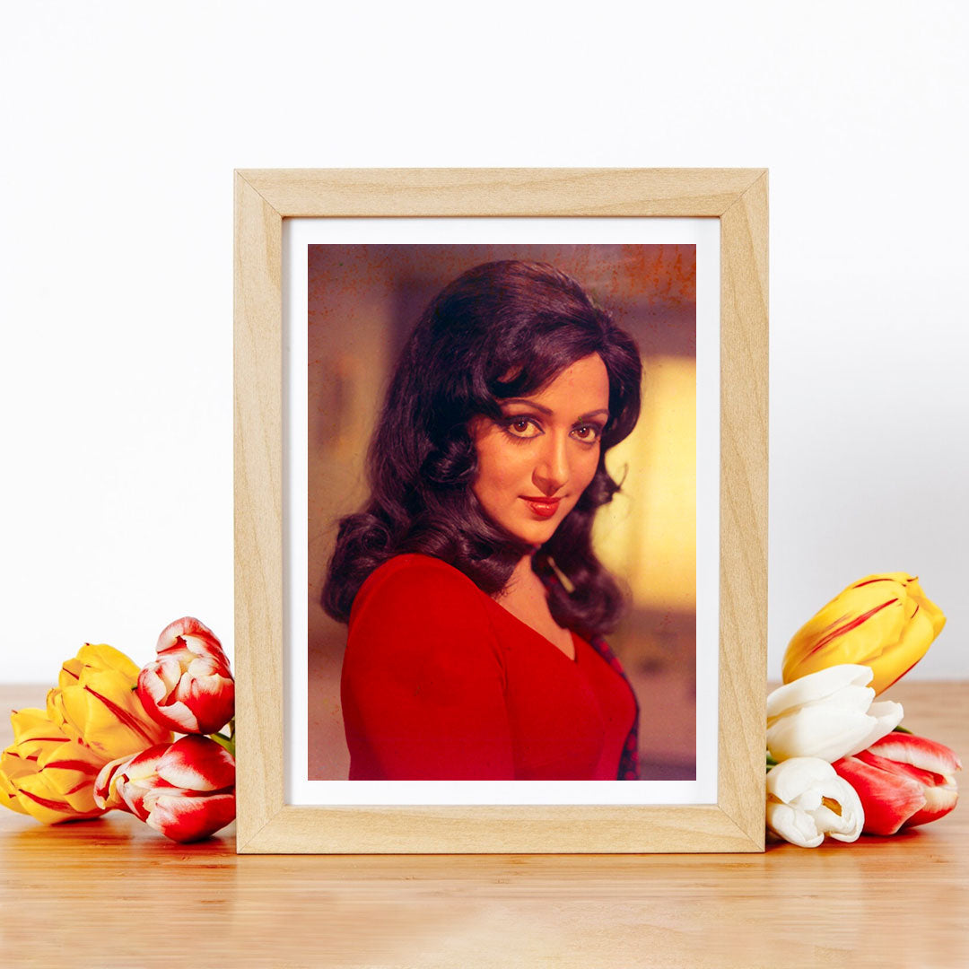 Hema Malini Portrait in a red long elegant dress - still from the movie “CHARAS” Personal Bollywood Photography of renowned cinematographer, Shri Prem Sagar