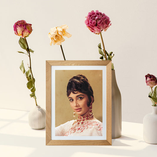 Sadhana Portrait in white sari- still from the movie “ARZOO” Personal Bollywood Photography of renowned cinematographer, Shri Prem Sagar. - Sagar World
