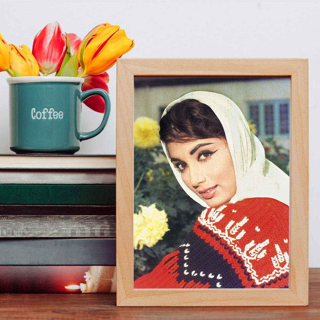 Sadhana Portrait in a Red Sweater with scarf- still from the movie “ARZOO” Personal Bollywood Photography of renowned cinematographer, Shri Prem Sagar.