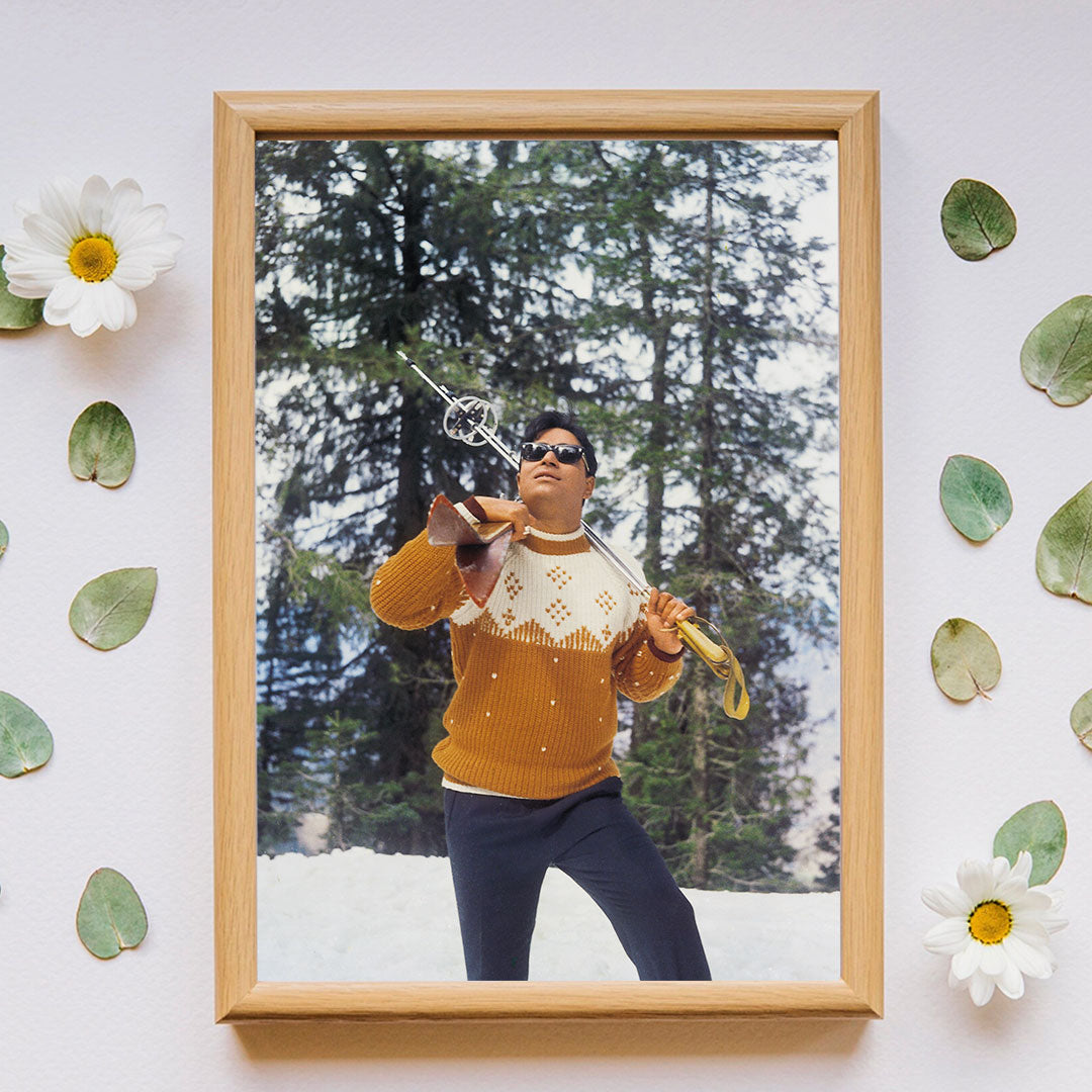 Rajendra Kumar in a Ice Skating in the valley of Kashmir Portrait - still from the movie “ARZOO” Personal Bollywood Photography of renowned cinematographer, Shri Prem Sagar.