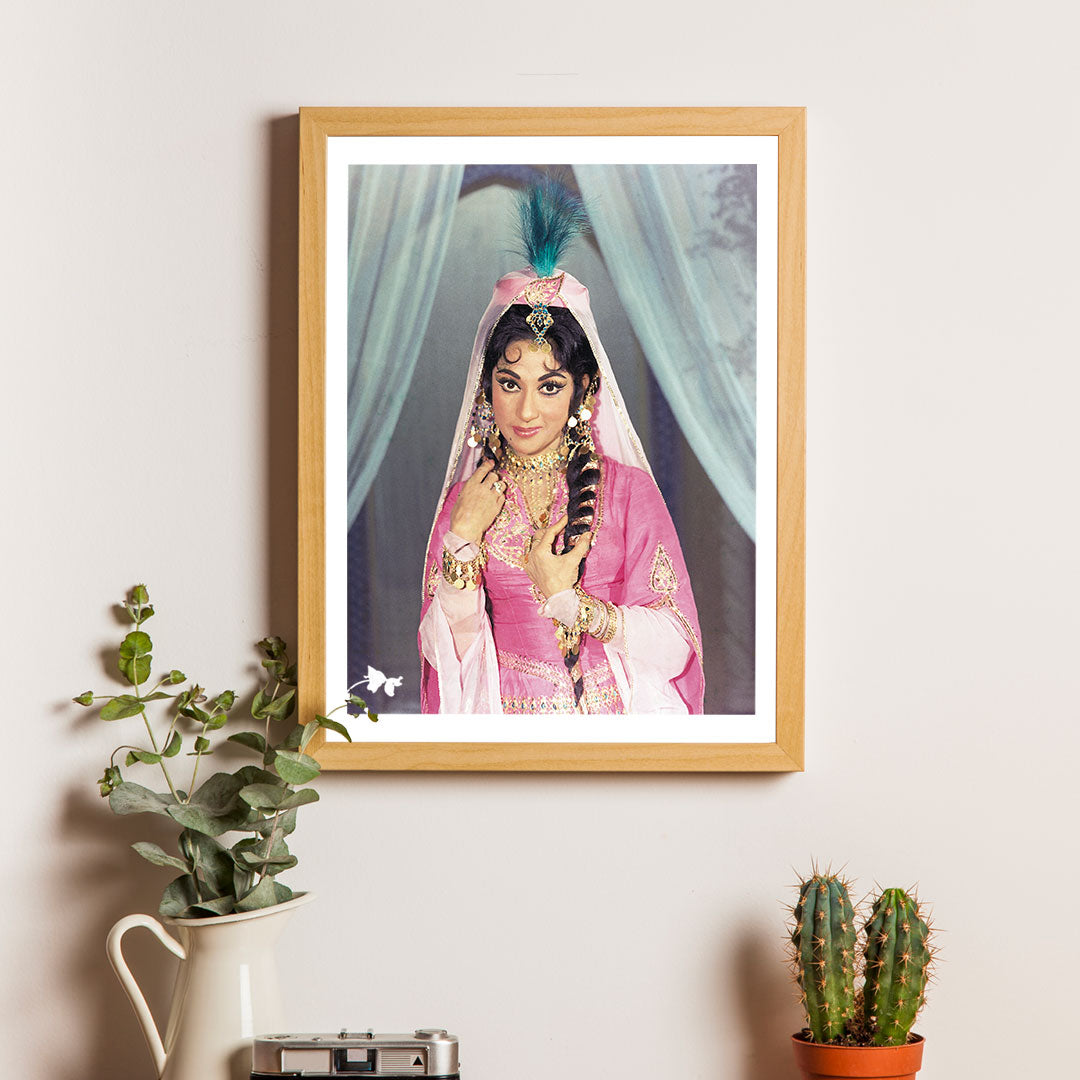 Mala Sinha in a Violet dress with golden jwellery Portrait - still from the movie, “GEET” Personal Bollywood Photography of renowned cinematographer, Shri Prem Sagar.