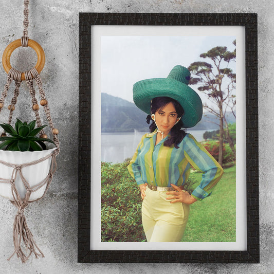 Mala Sinha in a Mexican hat in Japanese Landscape Portrait - still from the movie “ANKHEN” Personal Bollywood Photography of renowned cinematographer, Shri Prem Sagar.