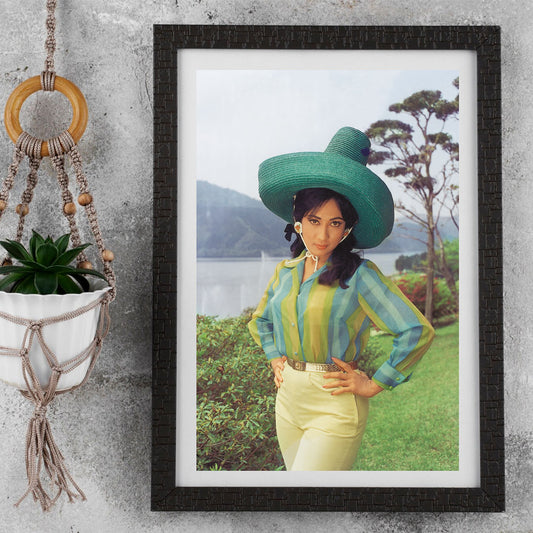 Mala Sinha in a Mexican hat in Japanese Landscape Portrait - still from the movie “ANKHEN” Personal Bollywood Photography of renowned cinematographer, Shri Prem Sagar. - Sagar World