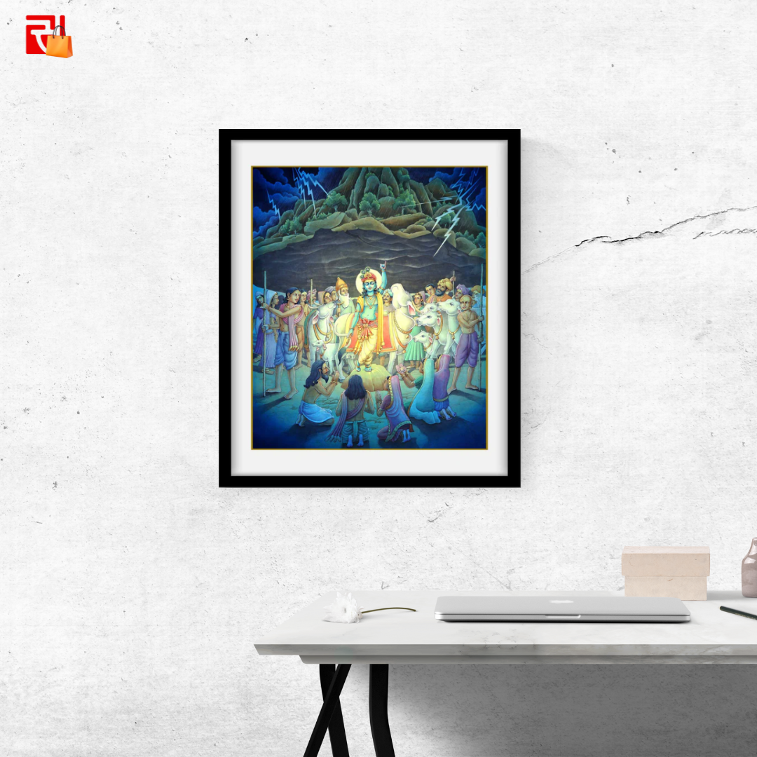 Krishna lifting Govardhan Parvat – High Quality Print of Artwork by Pieter Weltevrede