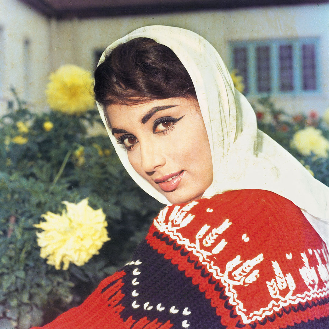 Sadhana Portrait in a Red Sweater with scarf- still from the movie “ARZOO” Personal Bollywood Photography of renowned cinematographer, Shri Prem Sagar.