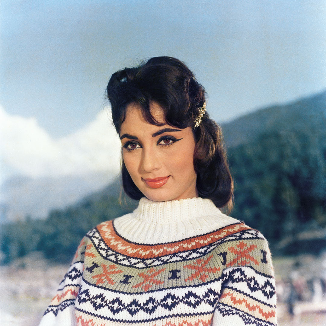 Sadhana Portrait in a white Sweater- still from the movie “ARZOO” Personal Bollywood Photography of renowned cinematographer, Shri Prem Sagar.
