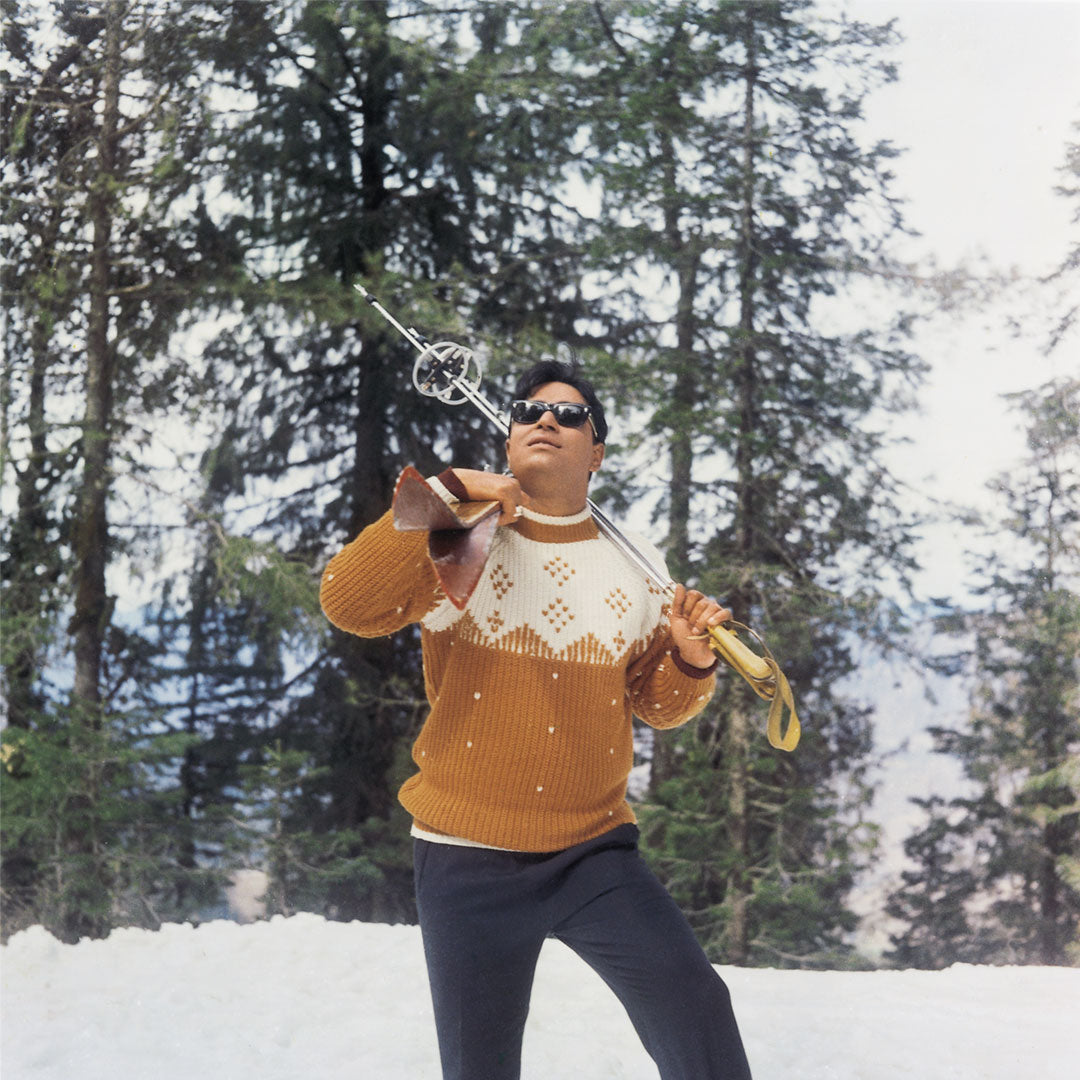 Rajendra Kumar in a Ice Skating in the valley of Kashmir Portrait - still from the movie “ARZOO” Personal Bollywood Photography of renowned cinematographer, Shri Prem Sagar.