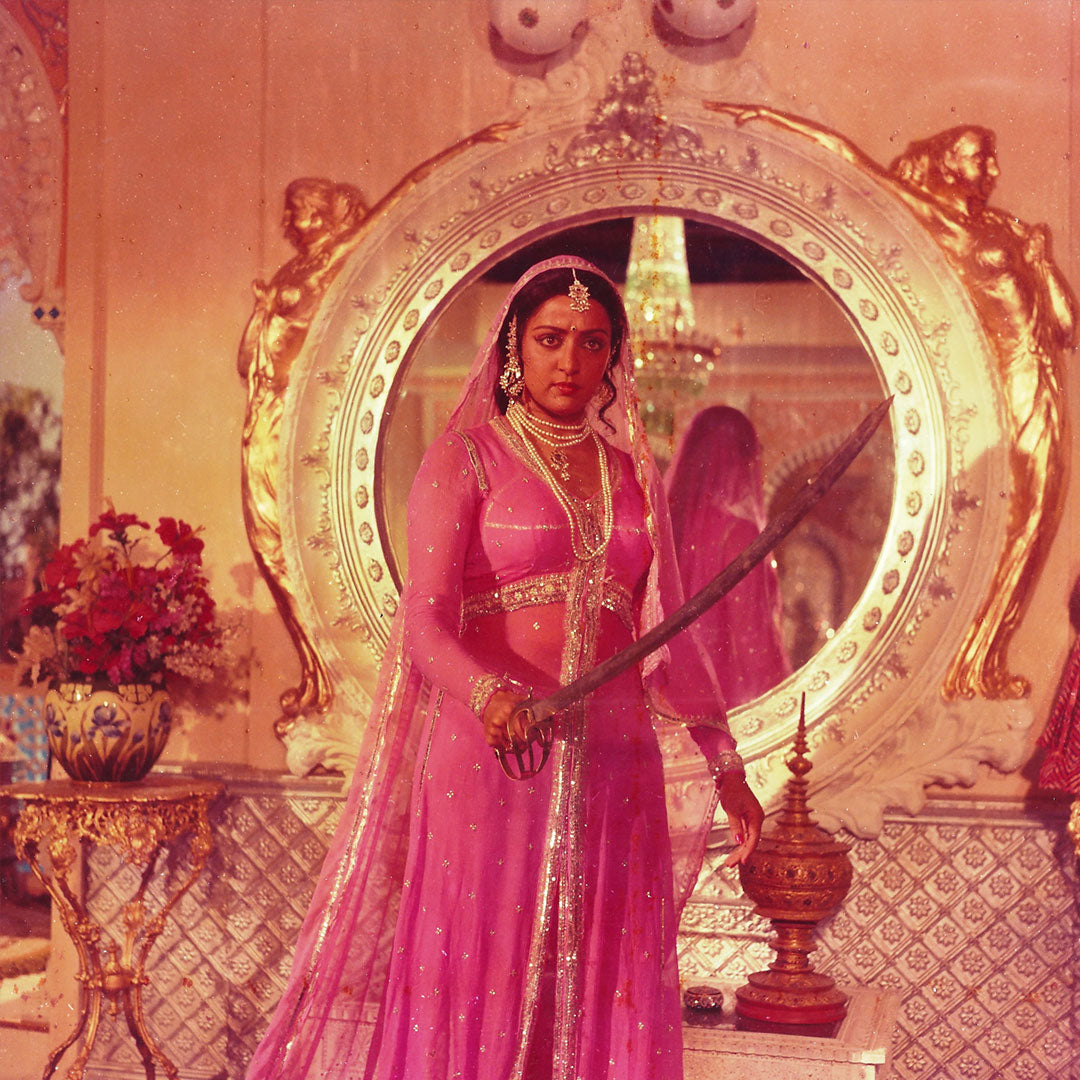 Hema Malini in a Pink Princess attire Portrait - still from the movie , "BAGHAVAT" Personal Bollywood Photography of renowned cinematographer, Shri Prem Sagar.