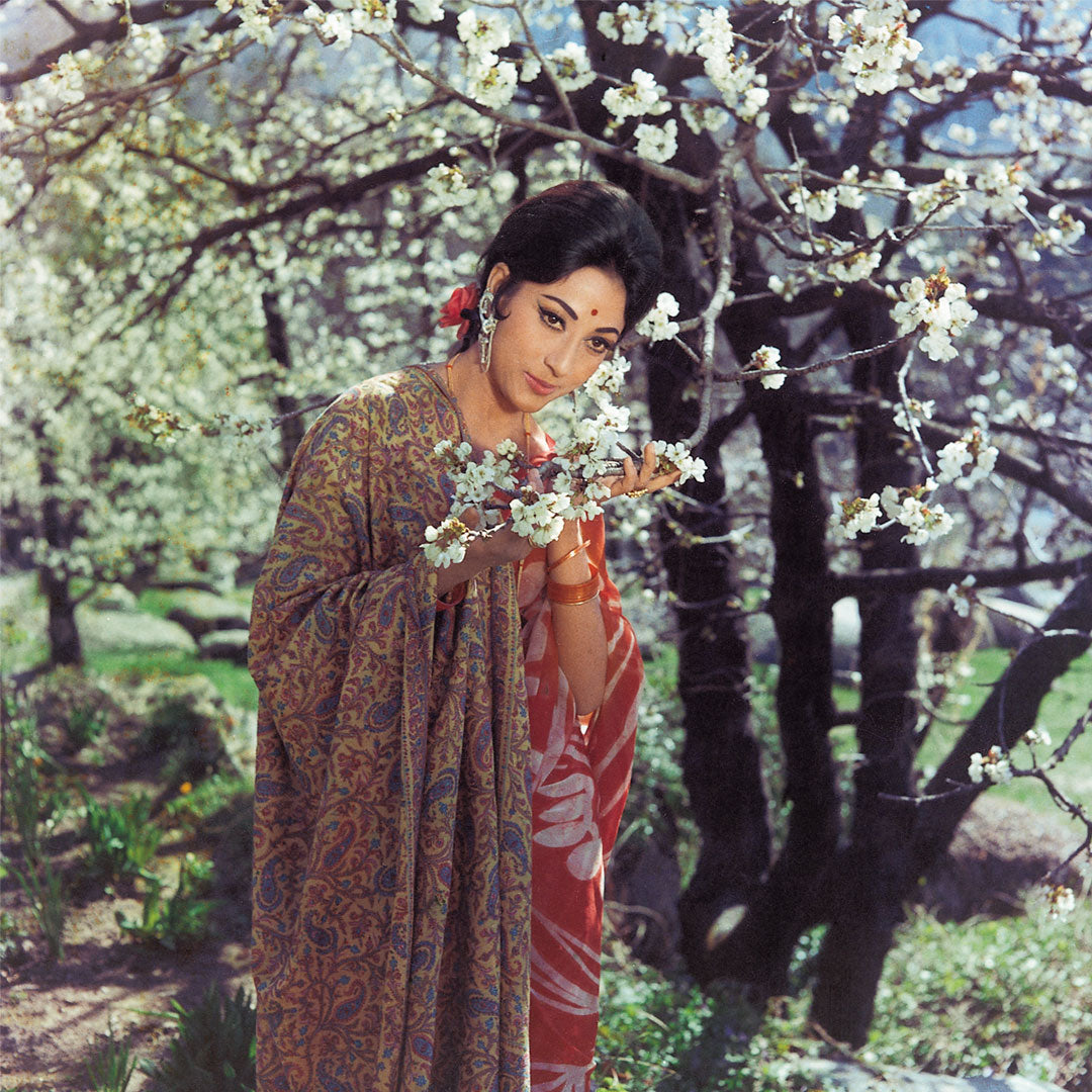 Mala Sinha in a Red Sari with Shawl Portrait- still from the movie, “GEET” Personal Bollywood Photography of renowned cinematographer, Shri Prem Sagar.