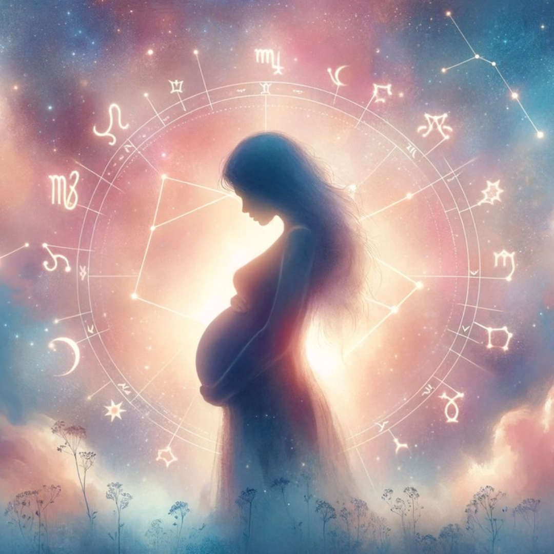 Pregnant woman silhouette surrounded by glowing zodiac symbols, representing Santati Margdarshan's astrological guidance for fertility and childbirth.