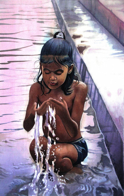 Girl Taking Sacred Dip in Holy River – High Quality Print of Artwork by Pieter Weltevrede